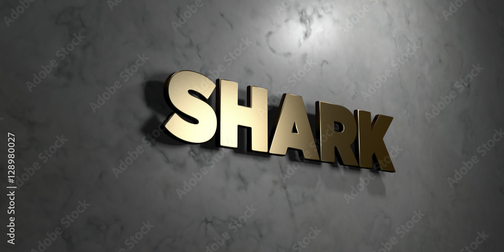 Fototapete shark - gold sign mounted on glossy marble wall - 3d rendered royalty free stock illustration. this 