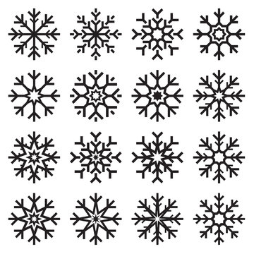 Vector snowflakes set on white background, winter icons silhouette, 16 ice stars, vector elements for your Christmas and New Year holiday design projects