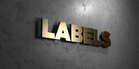 Labels - Gold sign mounted on glossy marble wall  - 3D rendered royalty free stock illustration. This image can be used for an online website banner ad or a print postcard.