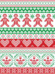 Scandinavian, festive winter seamless pattern in cross stitch with Gingerbread man,  snowflake, decoration elements, angel, hearts and decorative ornaments in red, green and white
