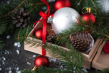 Christmas decorations red bauble in the box.