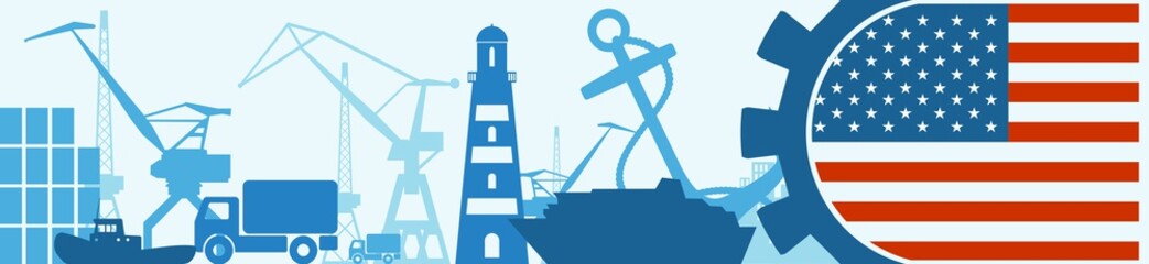 Cargo port relative icons set. USA flag in gear. Vector illustration for web banner or header