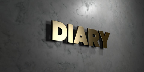 Diary - Gold sign mounted on glossy marble wall  - 3D rendered royalty free stock illustration. This image can be used for an online website banner ad or a print postcard.