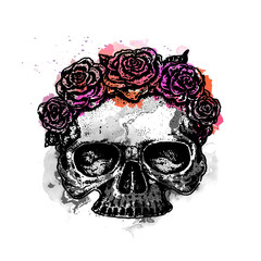 эскиз татуировки череп и розы акварель и дотворк