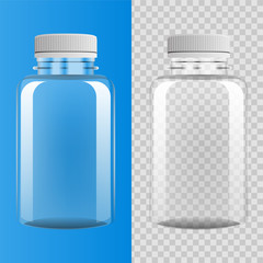 Transparent plastic bottle on blue and transparent background, vector illustration