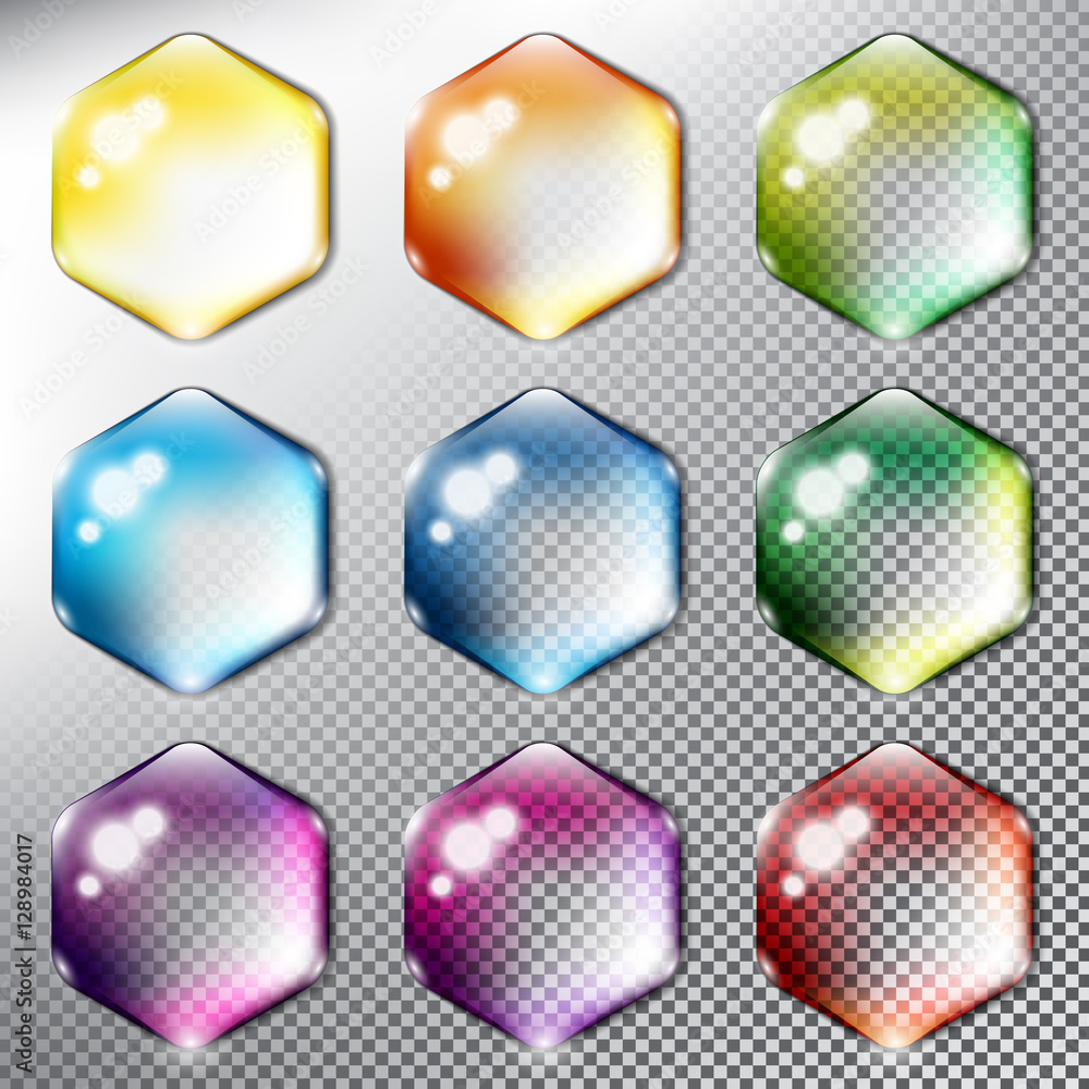 Wall mural abstract vector web buttons set of 9. isolated with realistic, transparent glass shine and shadow on