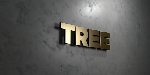 Tree - Gold sign mounted on glossy marble wall  - 3D rendered royalty free stock illustration. This image can be used for an online website banner ad or a print postcard.