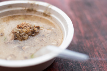 close up thai style mush with pork in bowl is delicious meal,sel