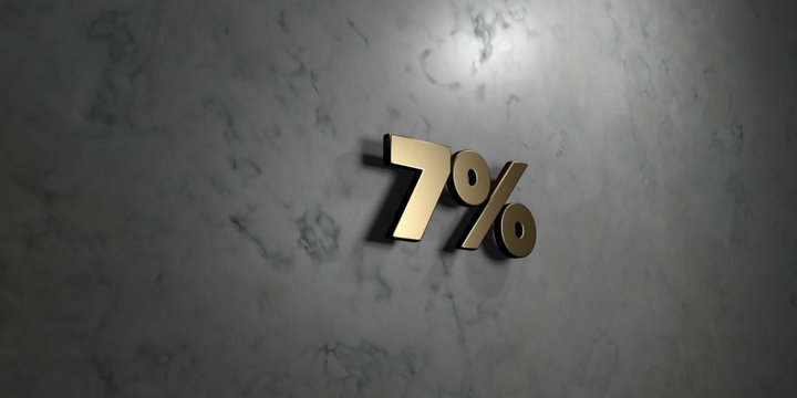 7% - Gold sign mounted on glossy marble wall  - 3D rendered royalty free stock illustration. This image can be used for an online website banner ad or a print postcard.