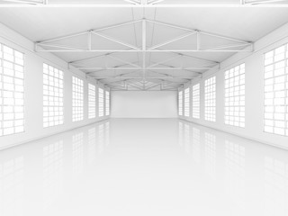 Clean white empty warehouse with windows