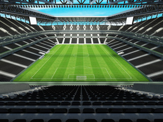 3D render of a large capacity  soccer-football Stadium with an open roof and black seats