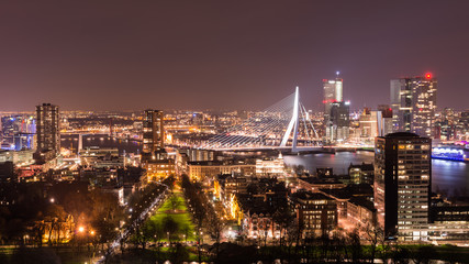 Skyline of the city of Rotterdam, Europe, seen from above by night
