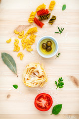 Italian food concept various kind of pasta with olive oil flavor