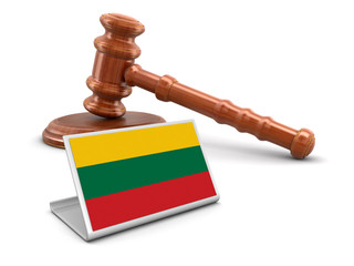 3d wooden mallet and Lithuanian flag. Image with clipping path