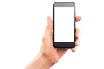 Male hand holding smartphone. Isolated on white