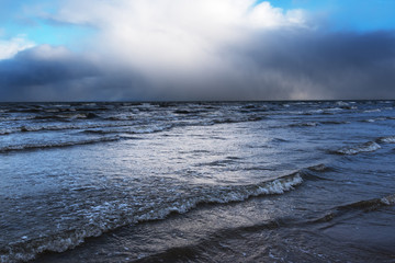 Dark sky over gulf of Riga, Baltic sea.