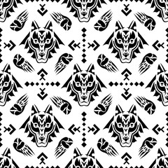 Vector illustration seamless geometric pattern with  wolf head in american indian folk style.