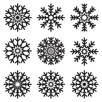 Vector snowflakes set on white background, winter icons silhouette, nine ice stars, vector elements for your Christmas and New Year holiday design projects