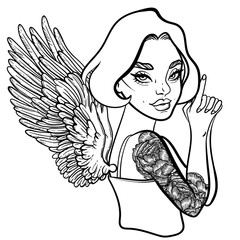 criminal beautiful girl with guns. vector illustration with sexy girl, tattoo style. line art. James Bond girl with beautiful wings. sexy angel with wings.