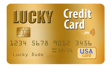 Lucky credit card isolated on white background, Gold card with the word "lucky" displayed.