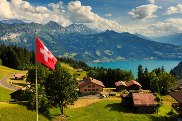 View of Interlaken with Swiss flag