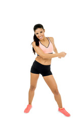 young beautiful latin woman in fitness clothes dancing zumba in aerobic workout happy and excited