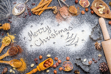 Flour, Rolling Pin and Spices on Dark Stone Background, Christmas Holidays Concept, Merry Christmas Text, Christmas Wallpaper