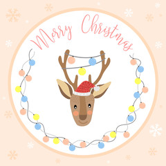 Cute reindeer merry christmas card design with color light bulbs on the horn. Season's greetings. Vector Illustration.