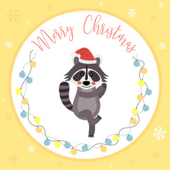 Cute Happy Dancing Raccoon merry christmas card design with color light bulbs garland on orange background. Season's greetings. Vector Illustration.