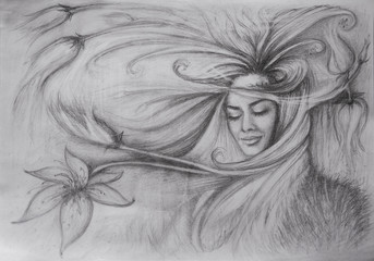 Painted pencil girl with flying hair in the wind, and my eyes closed smiling surrounded by flowers