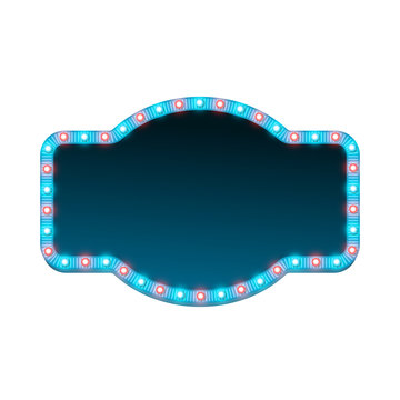 Blank 3d retro light banner with shining lights. Blue sign with blue and red bulbs and dark blank space for text. Advertising street signboard. Vintage frame with glow. Colorful vector illustration.