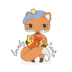 Cute lovely fox with piece of cheese. Cartoon animal with a gift.