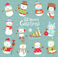 Greeting card with snowman, vector illustration