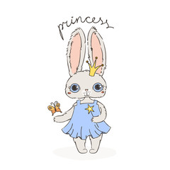 Illustration of hare princess with magic wand and butterfly. Vector illustration with doodle bunny.