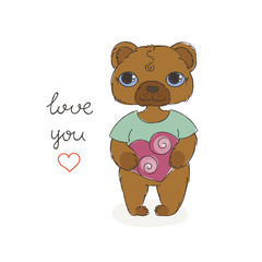 Teddy bear and heart. Valentine's day card. Color or print image.