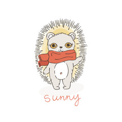 Greeting card with funny cartoon hedgehog in scarf.