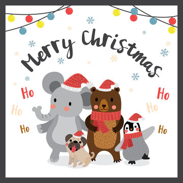 Happy animals Merry christmas color light bulbs. Elephant. Penguin. Bear. Pug dog. Season's greetings. Vector Illustration.