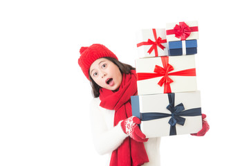 shopping woman holding many gifts busy for holidays