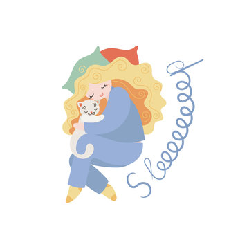 Cute cartoon doodle sleeping girl. Good Night postcard or print.