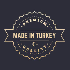 Made in Turkey badge, stamp, vintage emblem in gold over dark, vector illustration