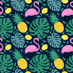 Seamless pattern with flamingo, pineapple, lemon and green palm leaves on dark blue background. Tropical monstera leaves illustration with fruits and exotic bird.Fashion design for textile, wallpaper.