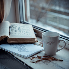 Cozy winter still life: cup of hot coffee and opened book on vintage windowsill against snow landscape from outside