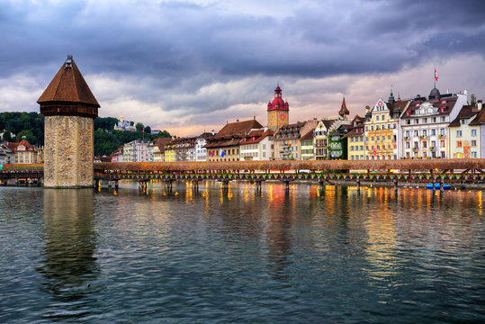 Lucerne old town on dramatic sunset, Switzerland