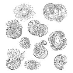Vector Set of Monochrome Contour Floral Doodles