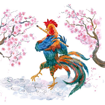 The Chinese new year. Cock is dancing and playing the flute.