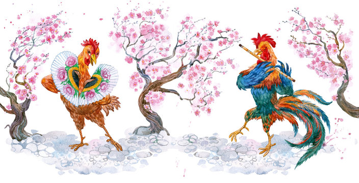 Rooster and chicken. Love birds is playing the music. Dance with a fan. The Chinese new year.