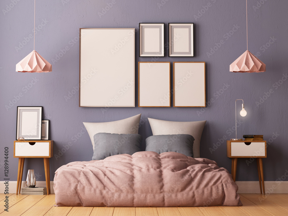 Wall mural mock up posters in bedroom interior. Interior hipster style. 3d rendering, 3d illustration.