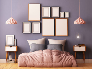 mock up posters in bedroom interior. Interior hipster style. 3d rendering, 3d illustration.