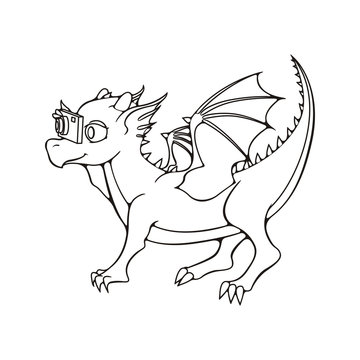 Greeting card with dragon child with photocamera.