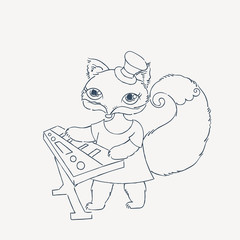 Gothic foxy musician with synthesizer. Music doodle animal.